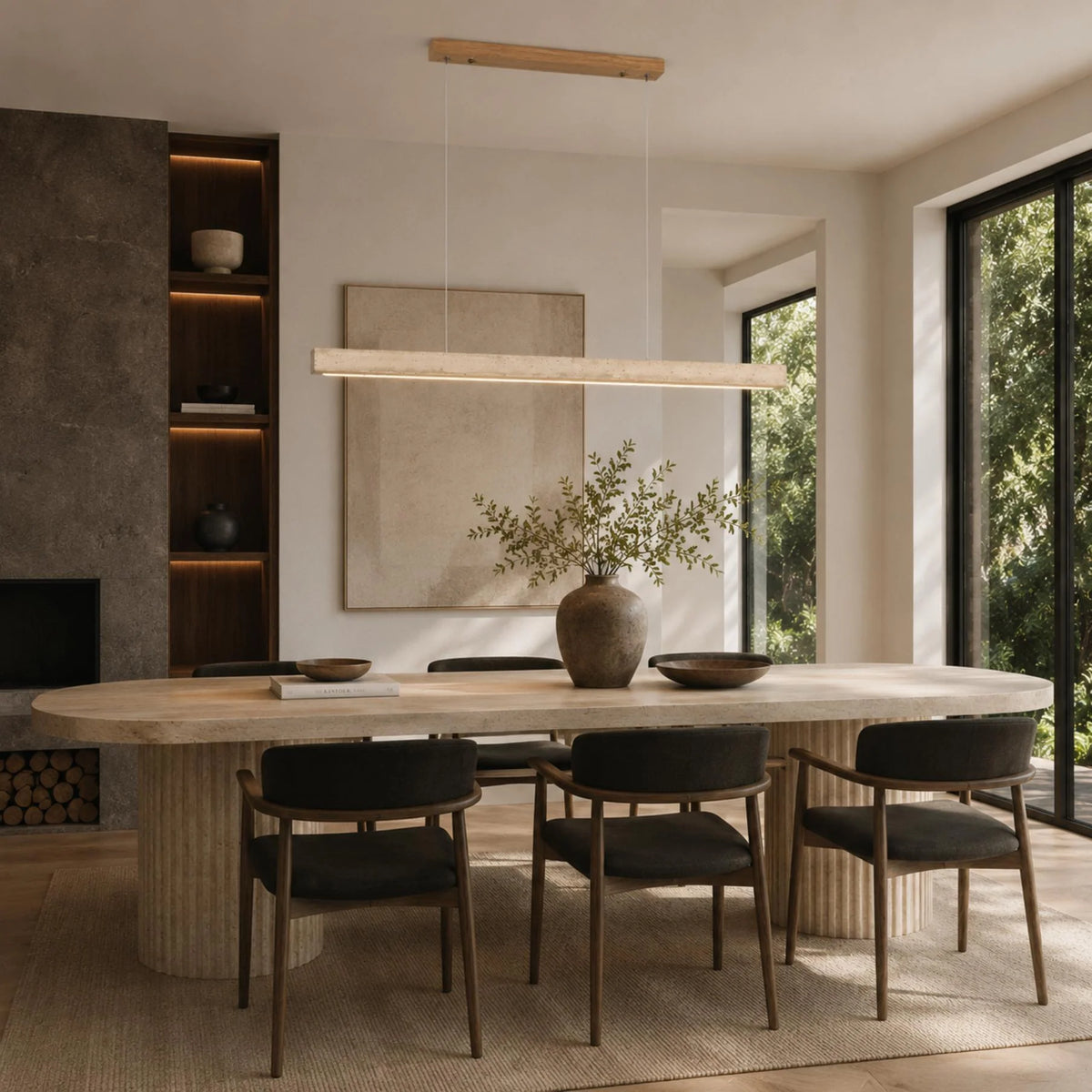 Pendant Lamp Adjustable LED Travertine Shade & Walnut Wood