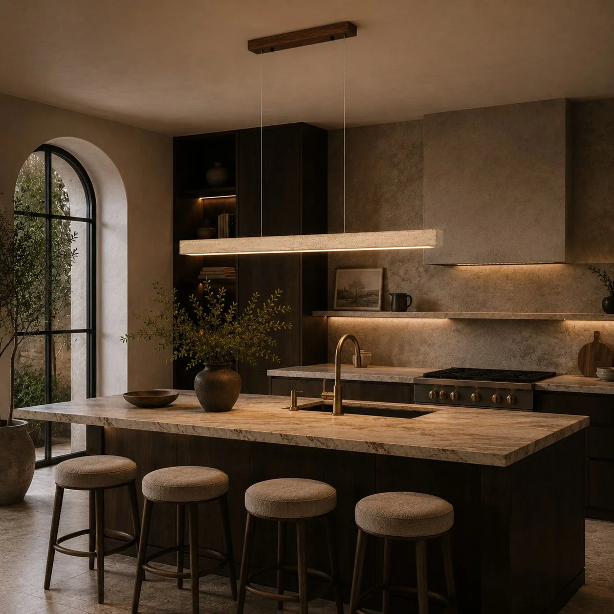 Pendant Lamp Adjustable LED Travertine Shade & Walnut Wood