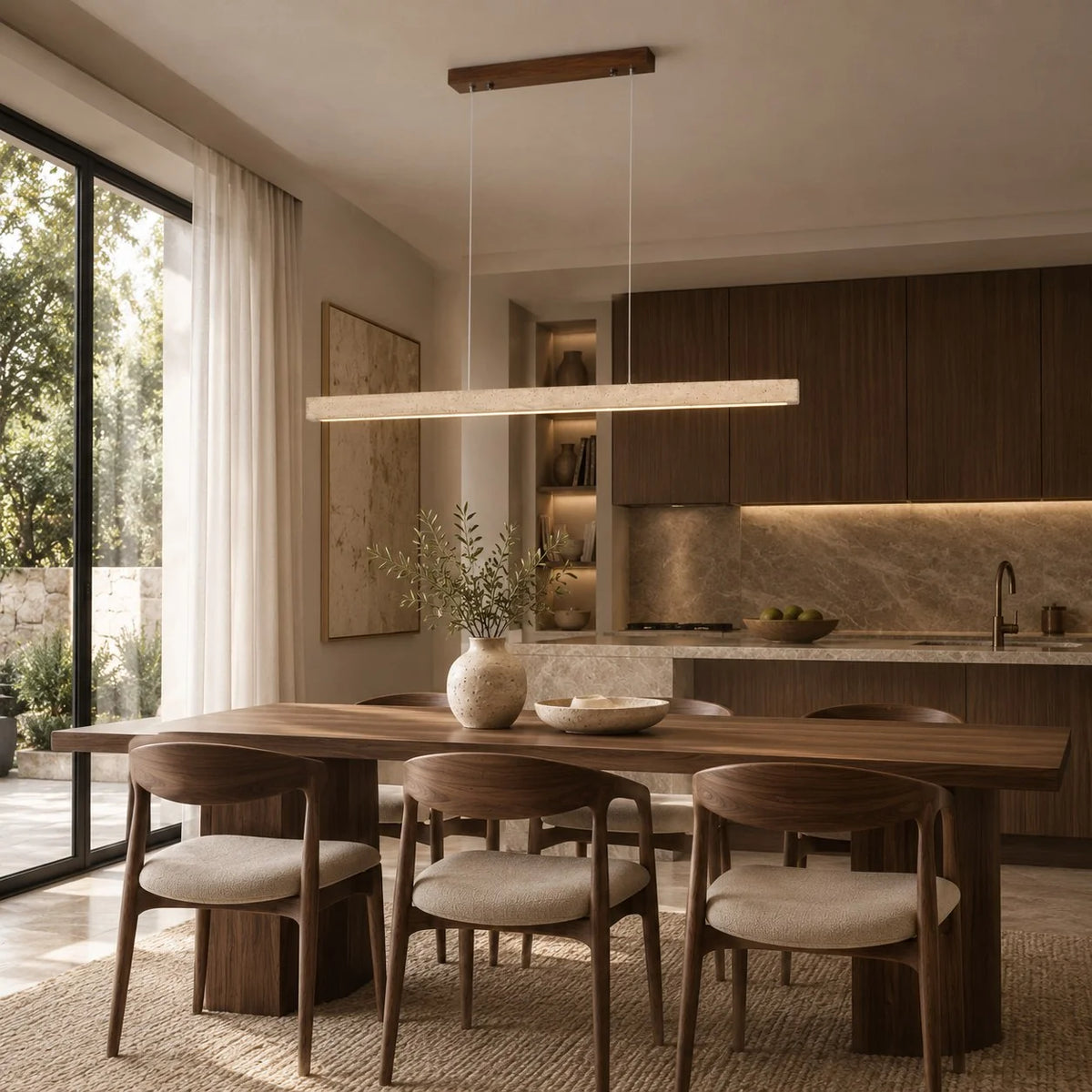 Pendant Lamp Adjustable LED Travertine Shade & Walnut Wood