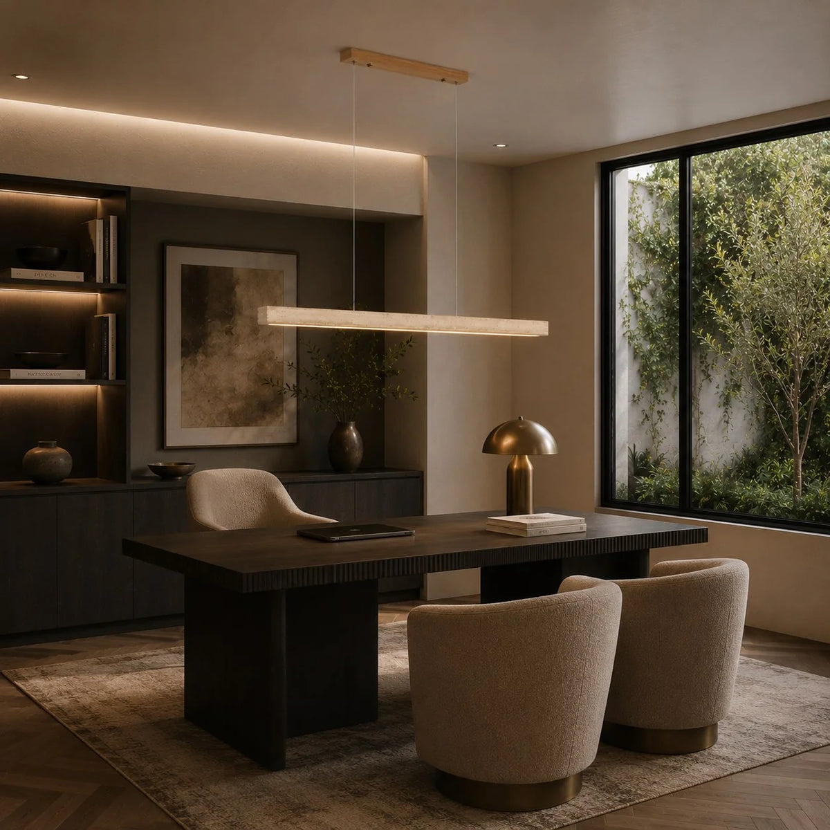 Pendant Lamp Adjustable LED Travertine Shade & Walnut Wood