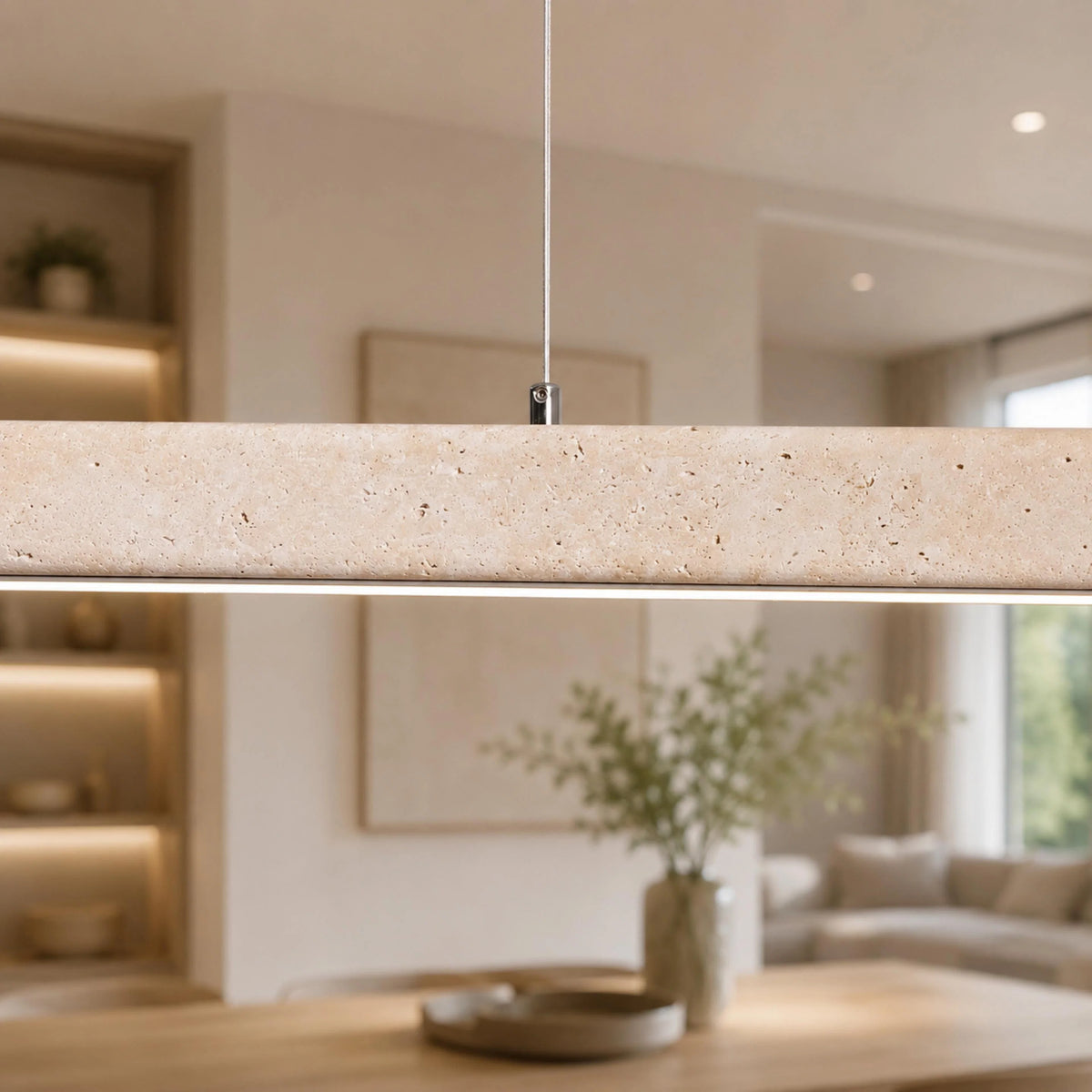 Pendant Lamp Adjustable LED Travertine Shade & Walnut Wood
