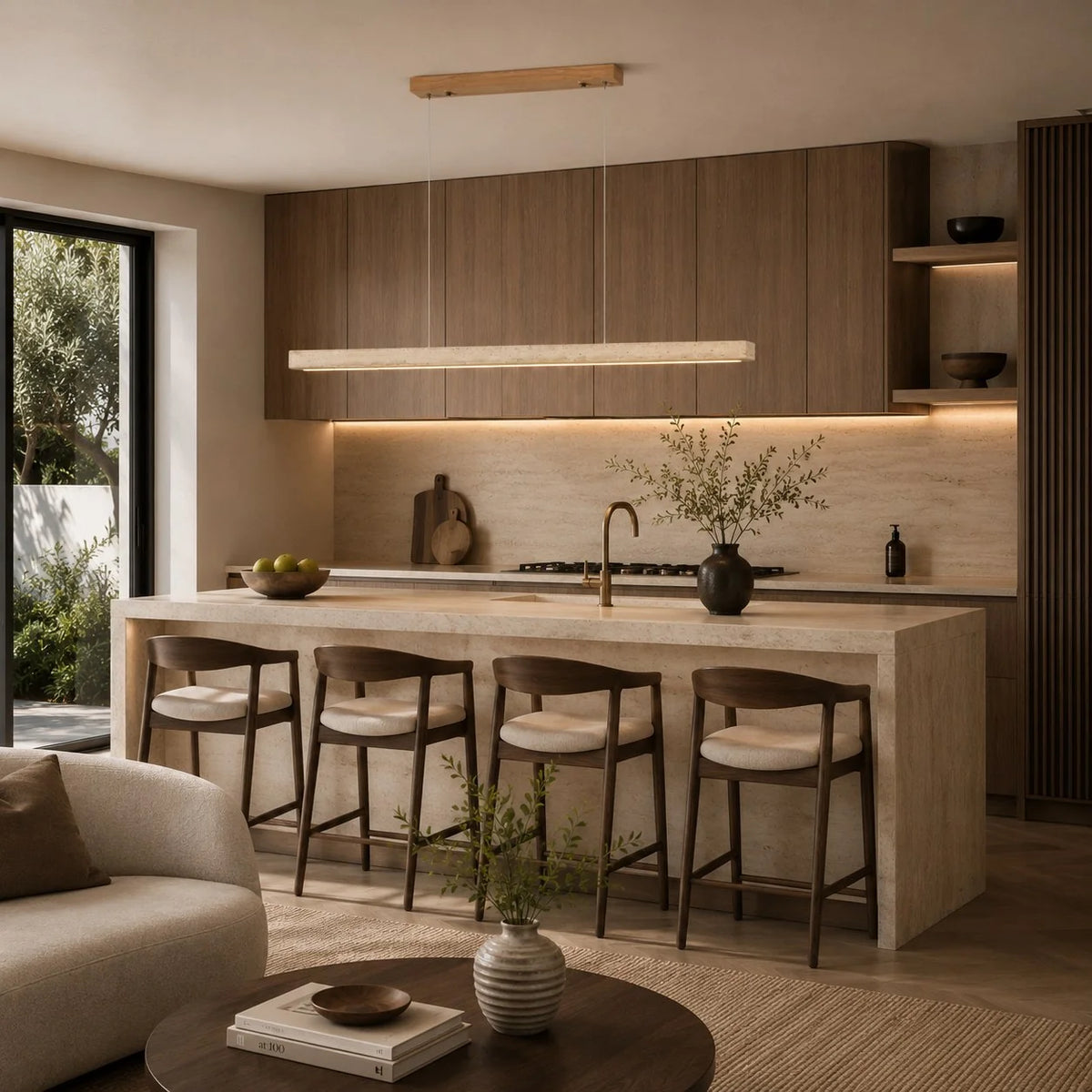 Pendant Lamp Adjustable LED Travertine Shade & Walnut Wood