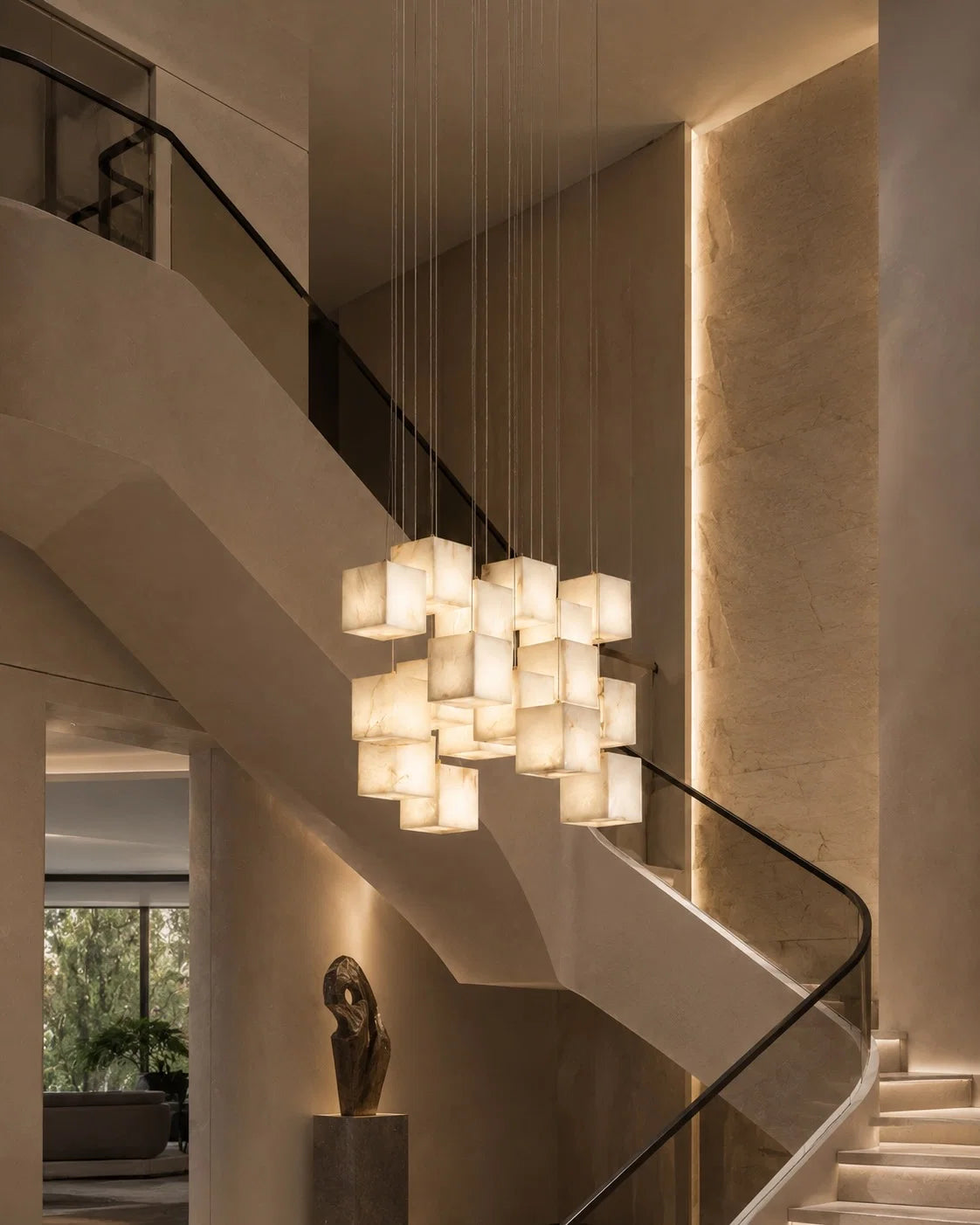 Pendant Light Alabaster Box Shade Adjustable Height