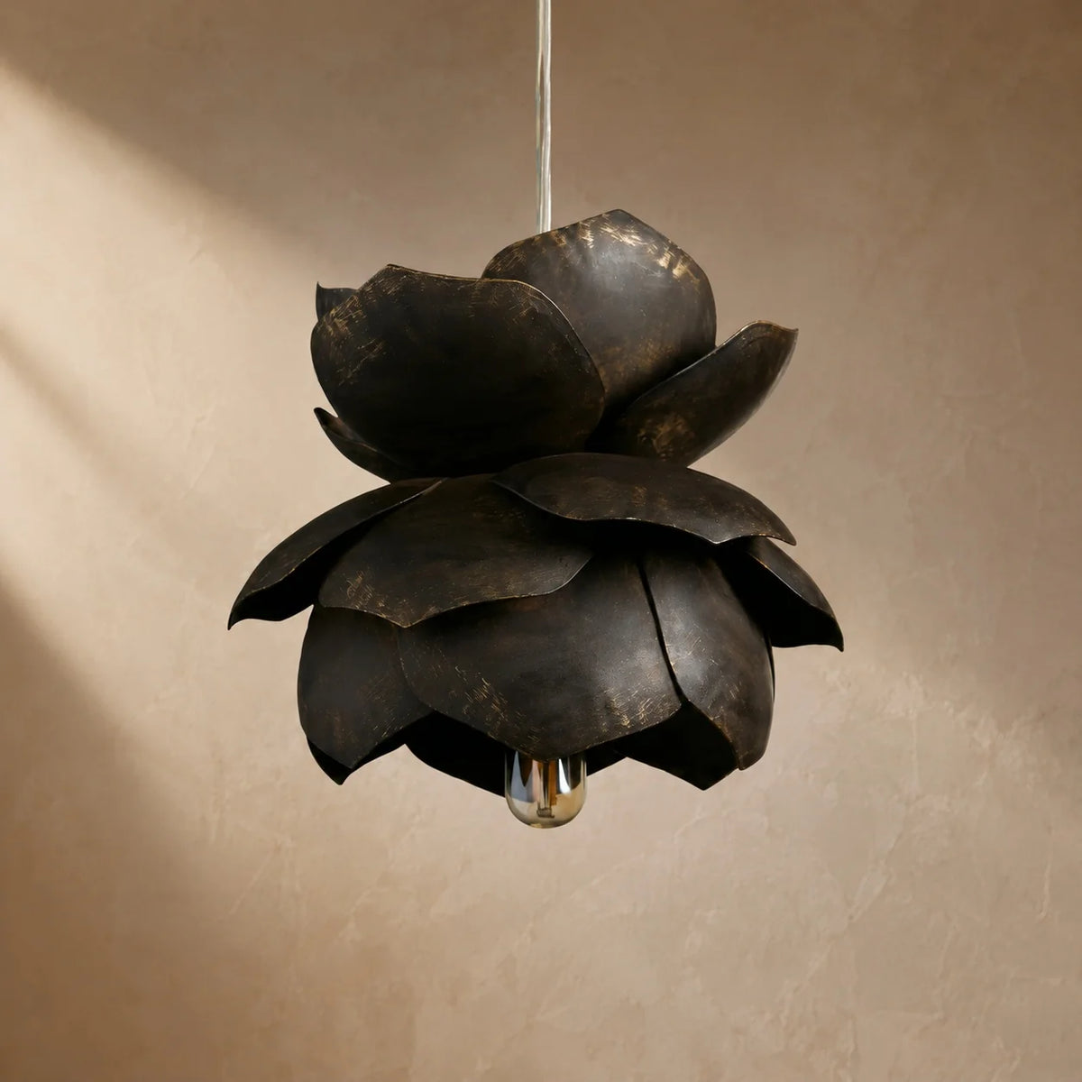 Pendant Light Sculptural Flower Handcrafted Iron Adjustable Suspension
