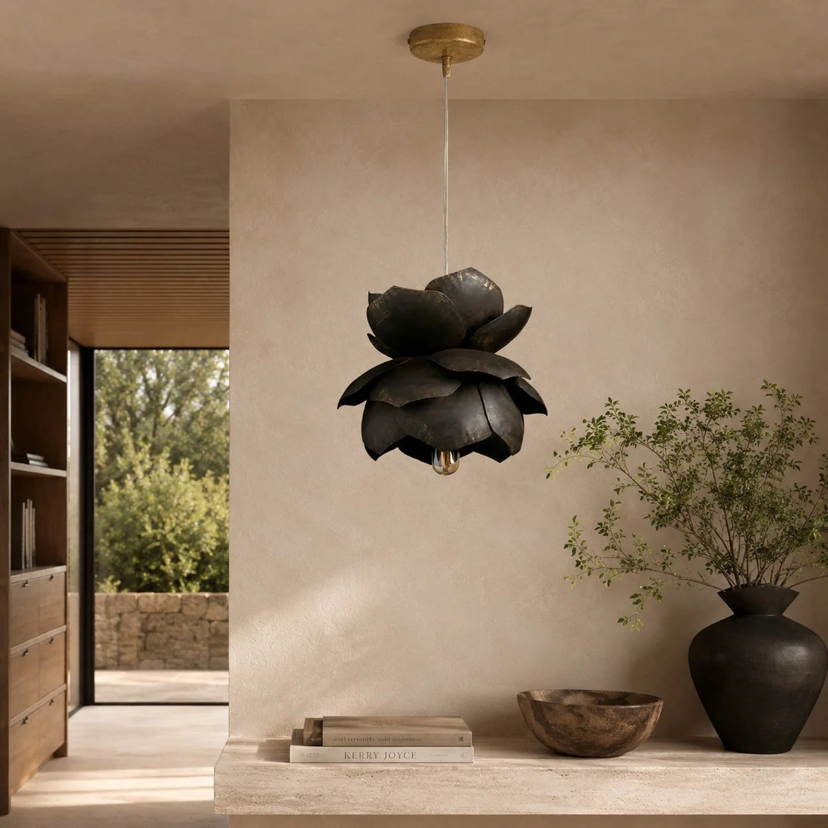 Pendant Light Sculptural Flower Handcrafted Iron Adjustable Suspension