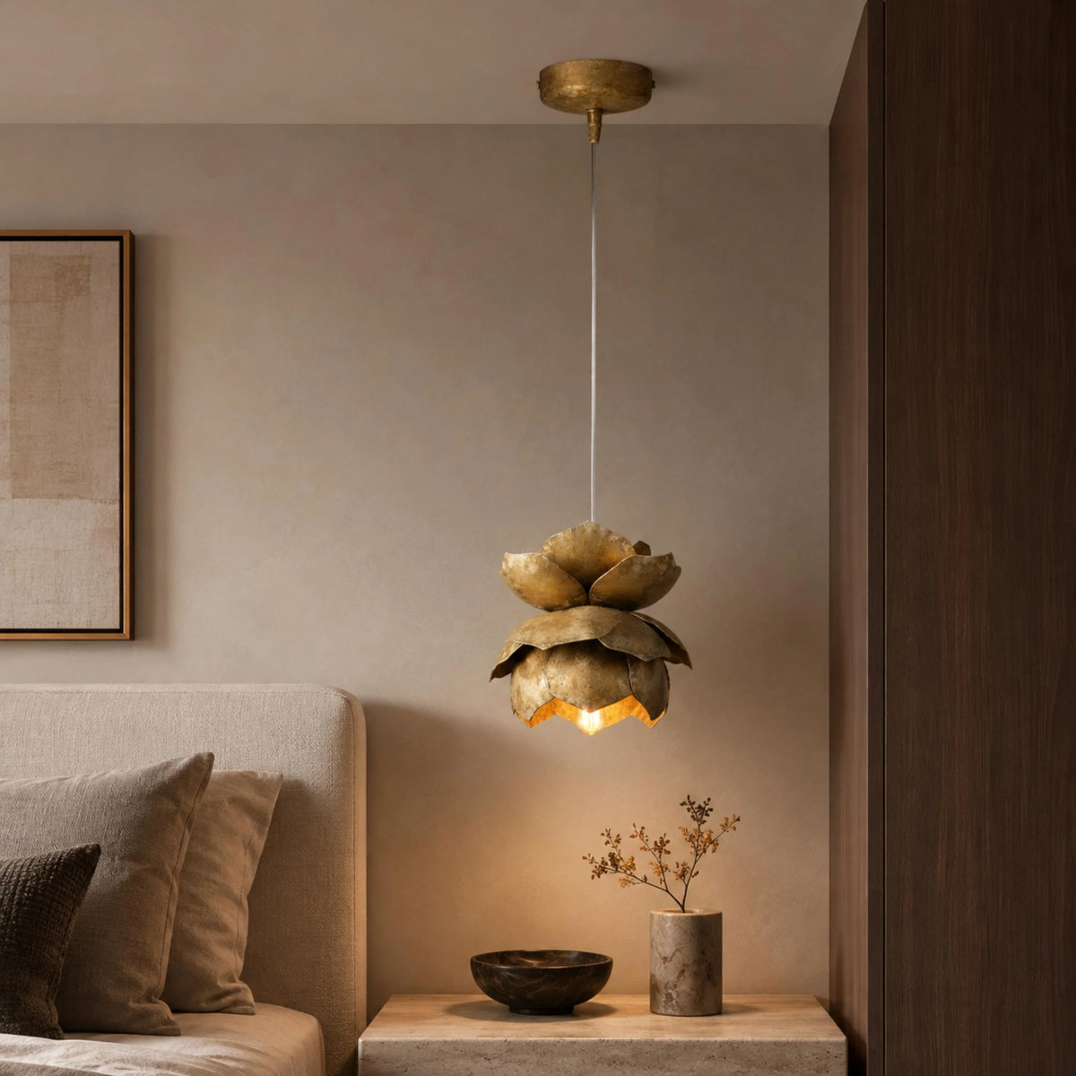 Pendant Light Sculptural Flower Handcrafted Iron Adjustable Suspension