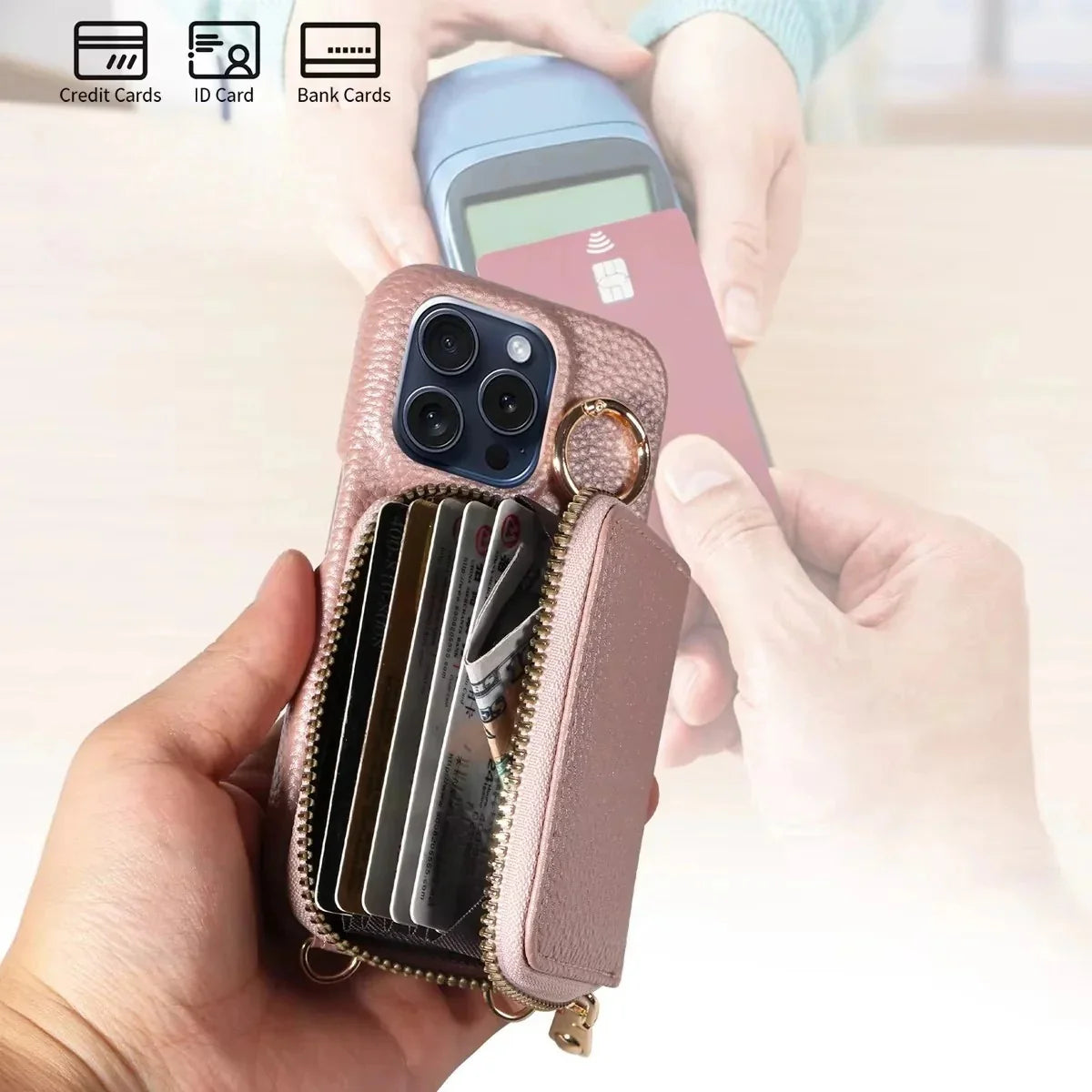 Phone Wallet Case Genuine Leather Zipper 4 Card Slots