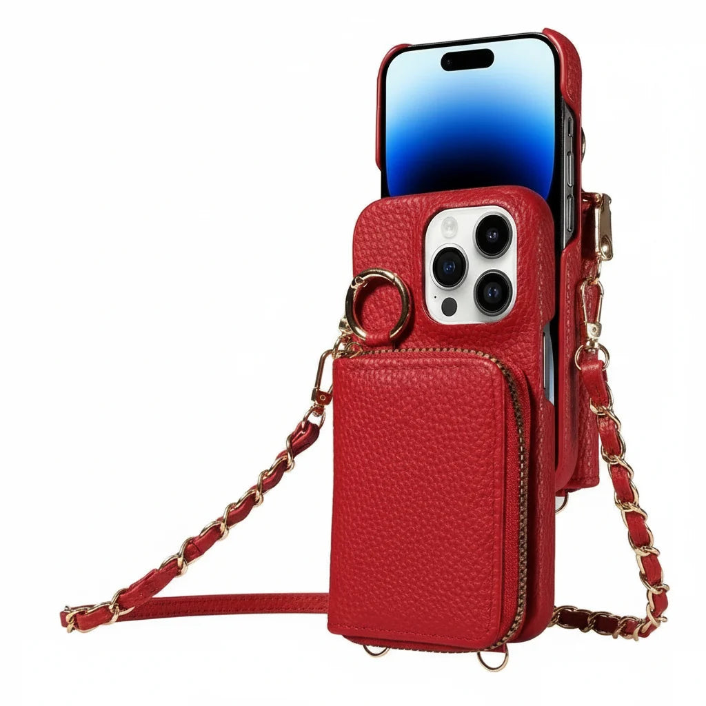Phone Wallet Case Genuine Leather Zipper 4 Card Slots
