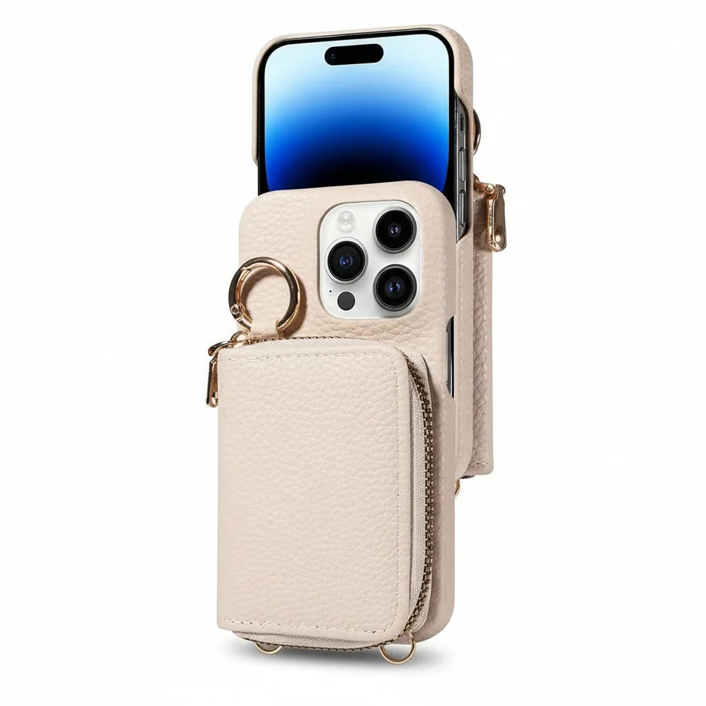 Phone Wallet Case Genuine Leather Zipper 4 Card Slots