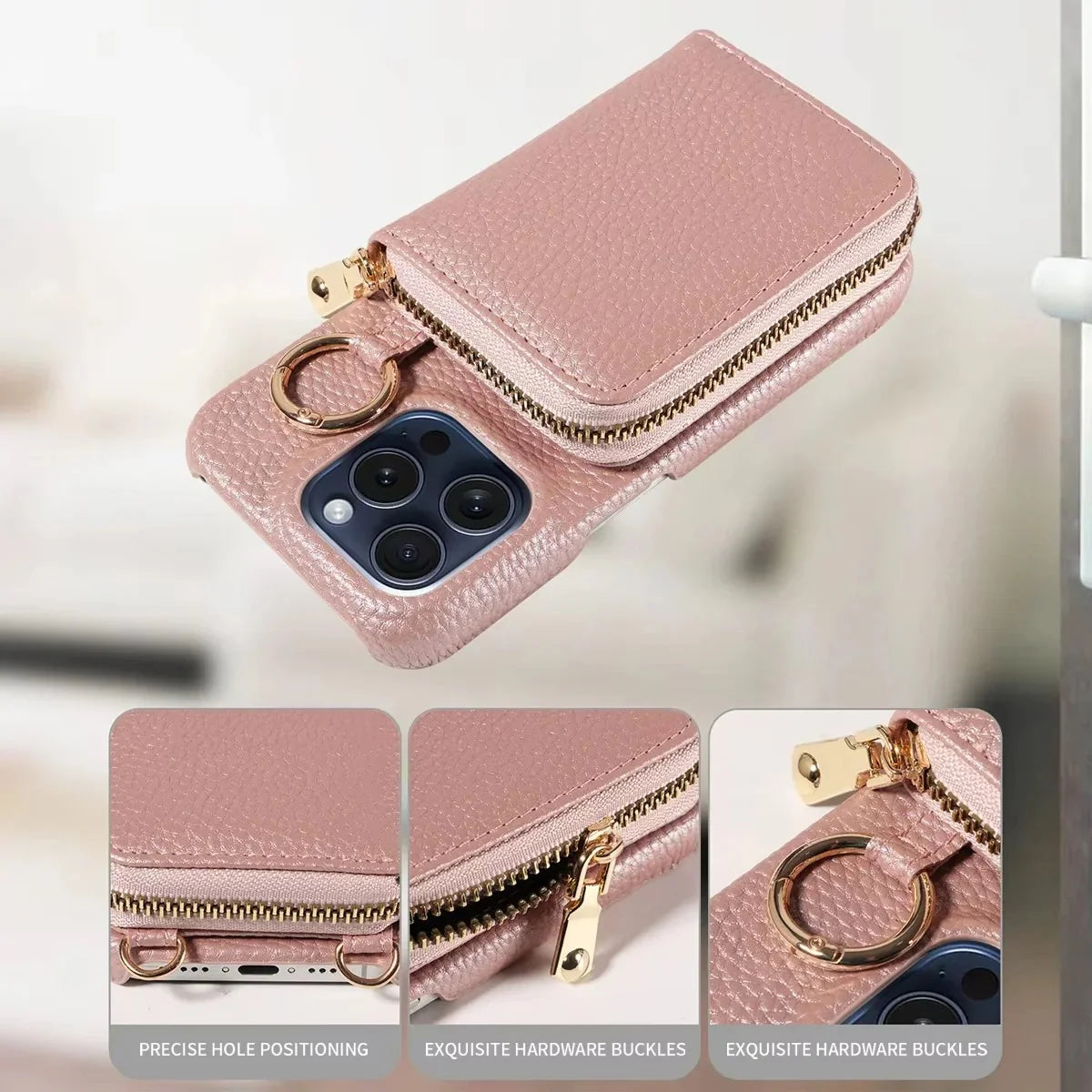Phone Wallet Case Genuine Leather Zipper 4 Card Slots