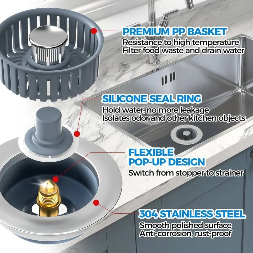 Pop-Up Sink Strainer One-Press 304 Stainless Steel