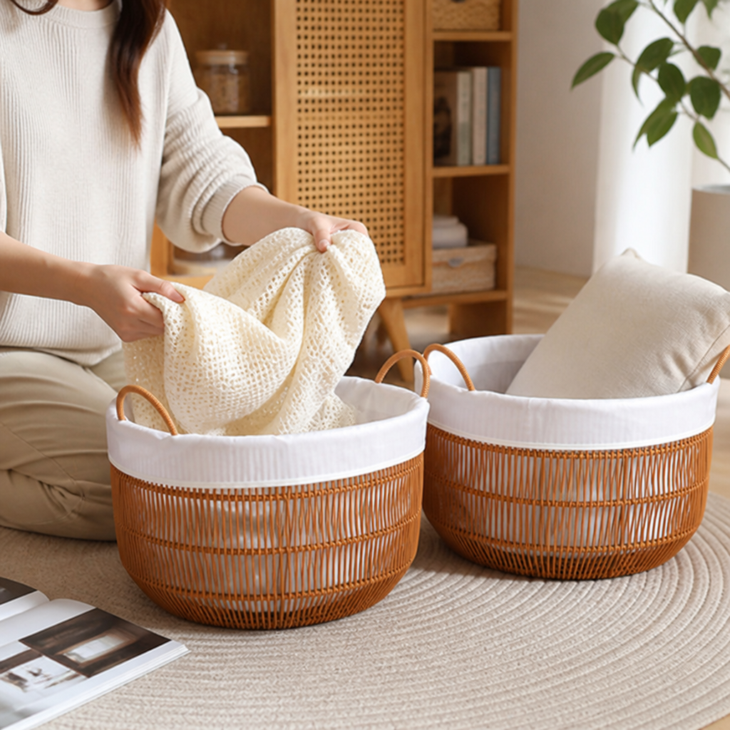 Round Woven Storage Basket with Fabric Liner and Handles