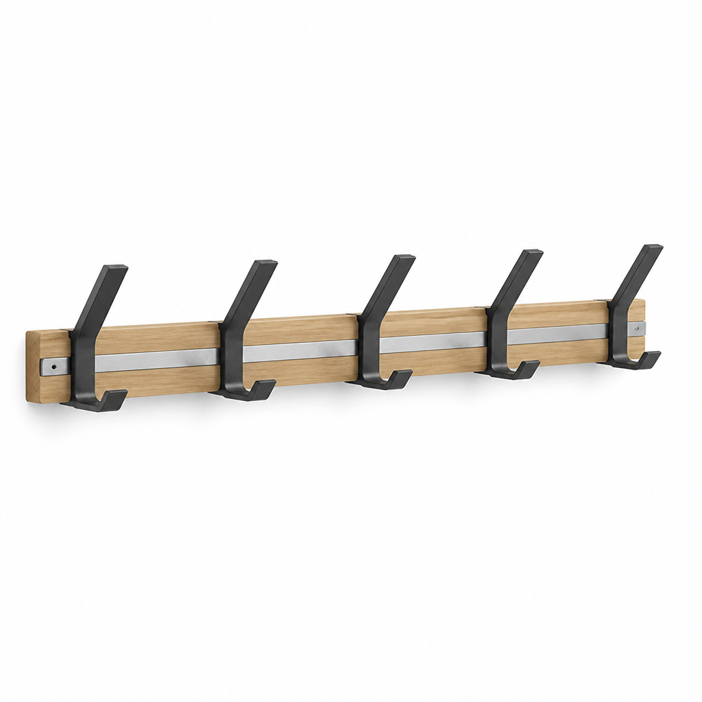 Rubberwood and Aluminum Wall-Mounted Coat Rack (5 Adjustable Double Hooks)