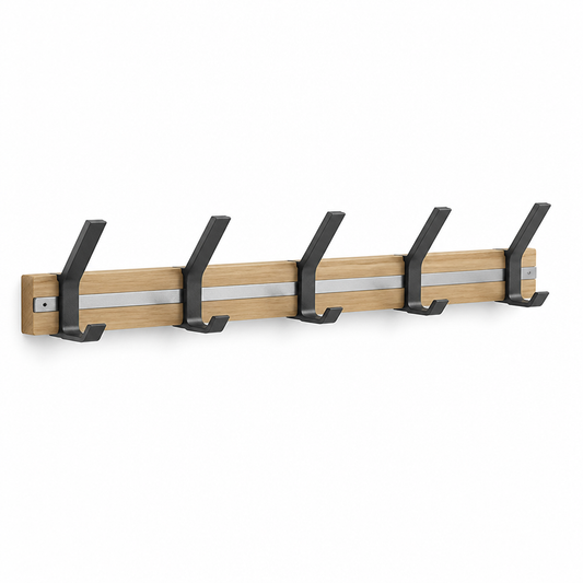 Rubberwood and Aluminum Wall-Mounted Coat Rack (5 Adjustable Double Hooks)