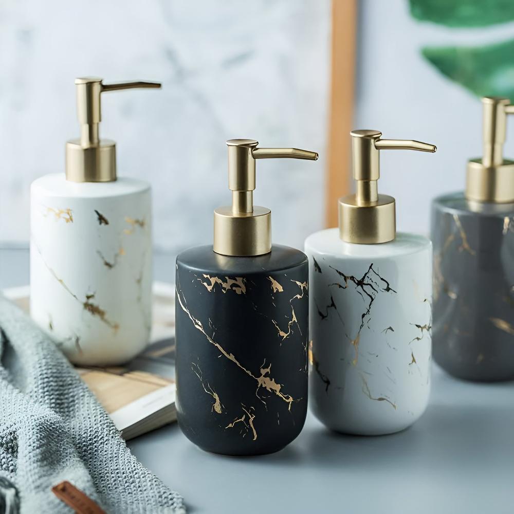 Soap Dispenser Ceramic Marble Design & Gold Accents 400ml