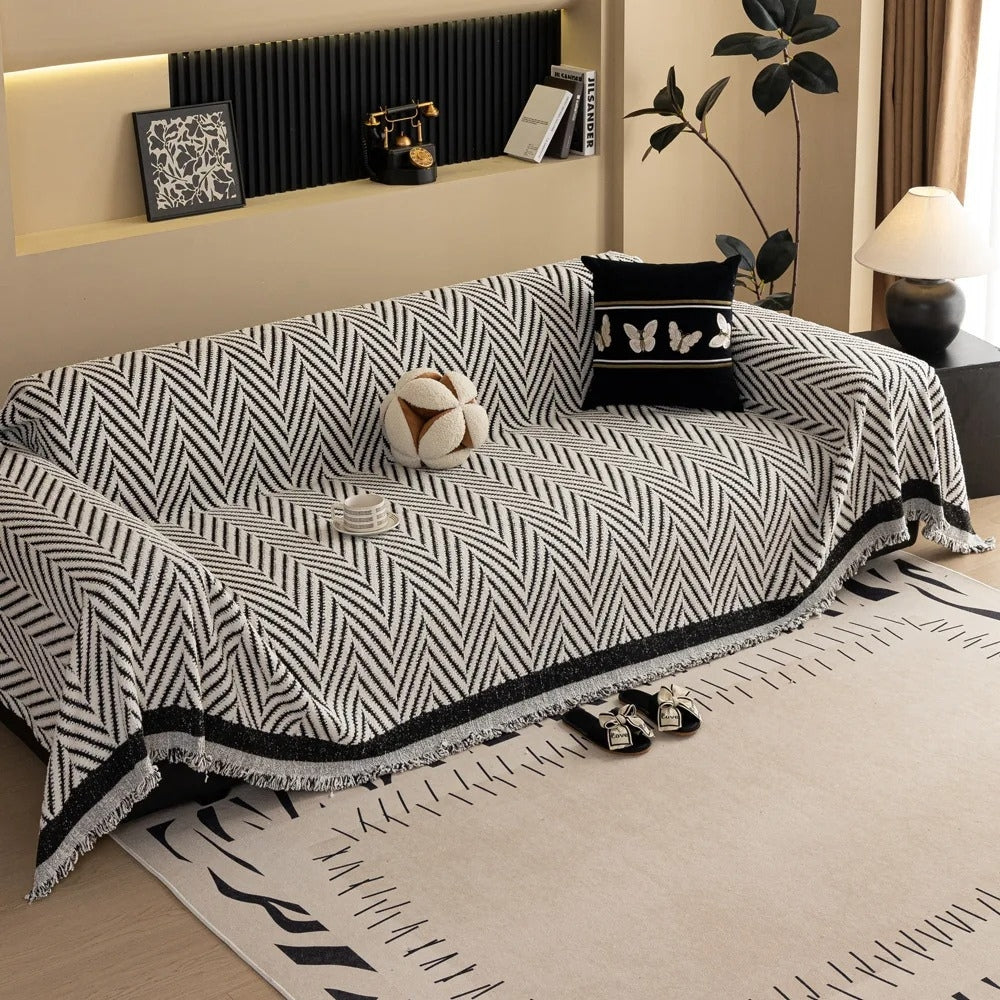 Sofa Cover Jacquard Chevron Anti-Pilling Microfiber Tassel Fringe