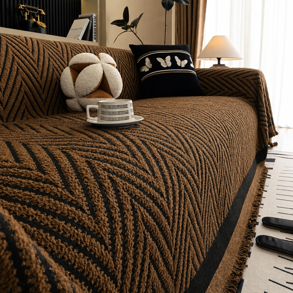 Sofa Cover Jacquard Chevron Anti-Pilling Microfiber Tassel Fringe