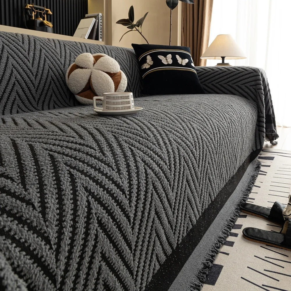 Sofa Cover Jacquard Chevron Anti-Pilling Microfiber Tassel Fringe