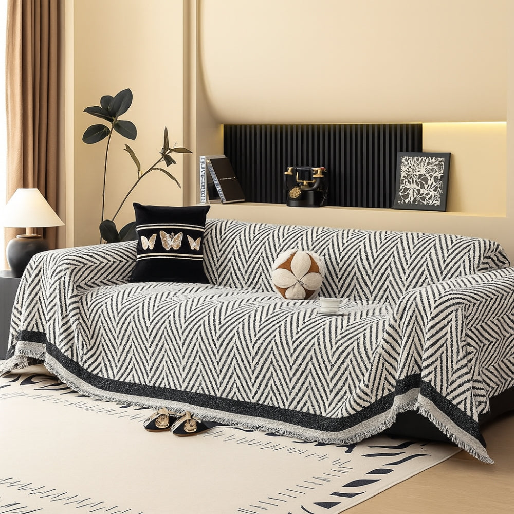 Sofa Cover Jacquard Chevron Anti-Pilling Microfiber Tassel Fringe
