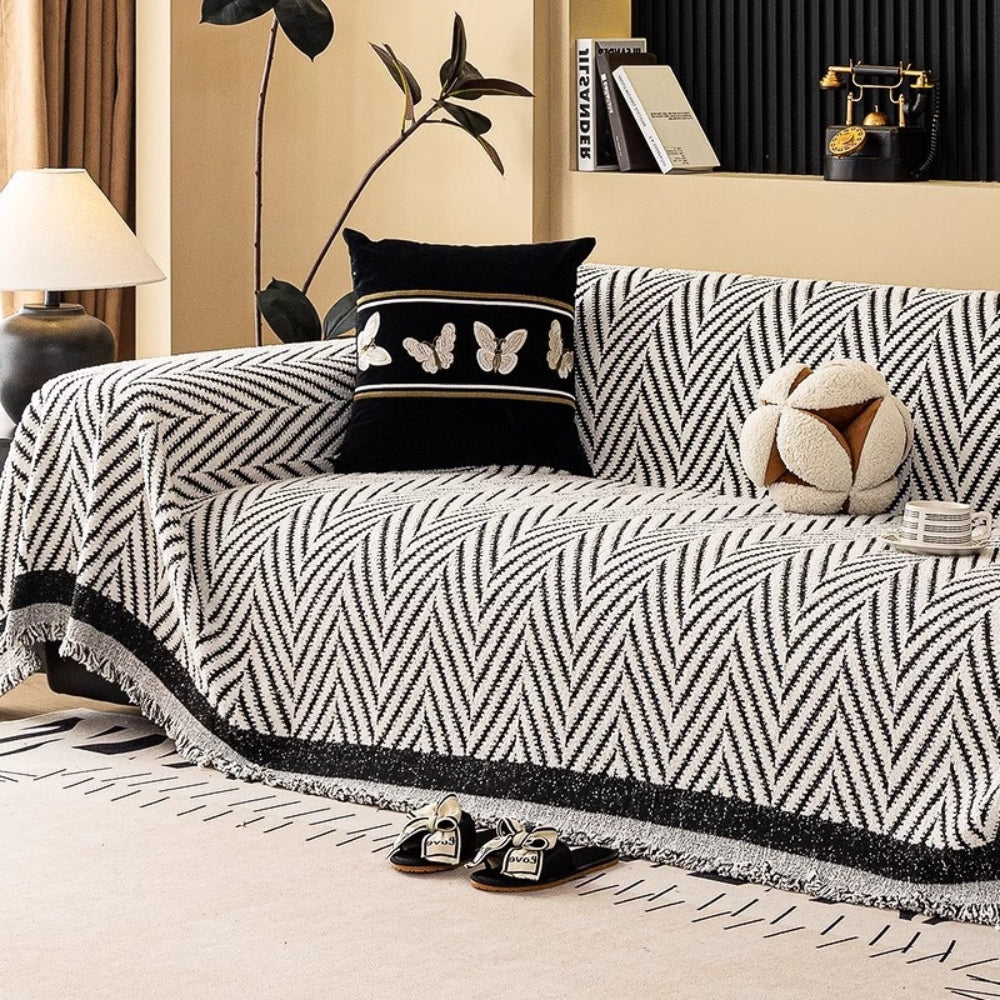 Sofa Cover Jacquard Chevron Anti-Pilling Microfiber Tassel Fringe