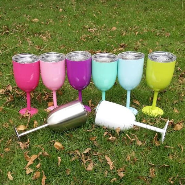 Stemmed Wine Goblet Double-Wall Stainless Steel Clear Gasket Lid