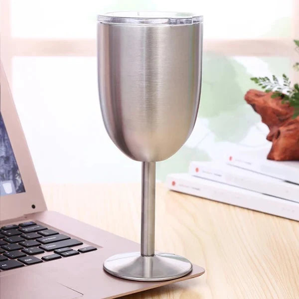 Stemmed Wine Goblet Double-Wall Stainless Steel Clear Gasket Lid