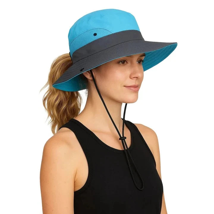 Sun Hat Foldable Polyester Adjustable Chin Strap & Ponytail Opening