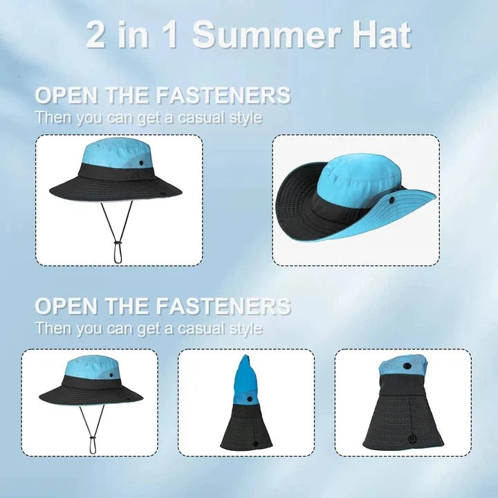 Sun Hat Foldable Polyester Adjustable Chin Strap & Ponytail Opening