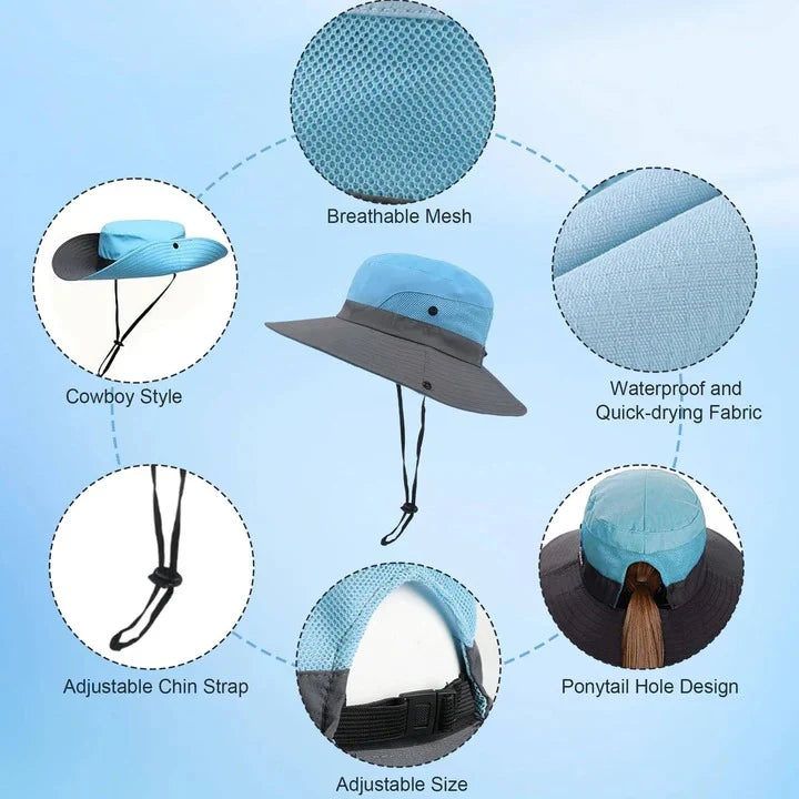 Sun Hat Foldable Polyester Adjustable Chin Strap & Ponytail Opening