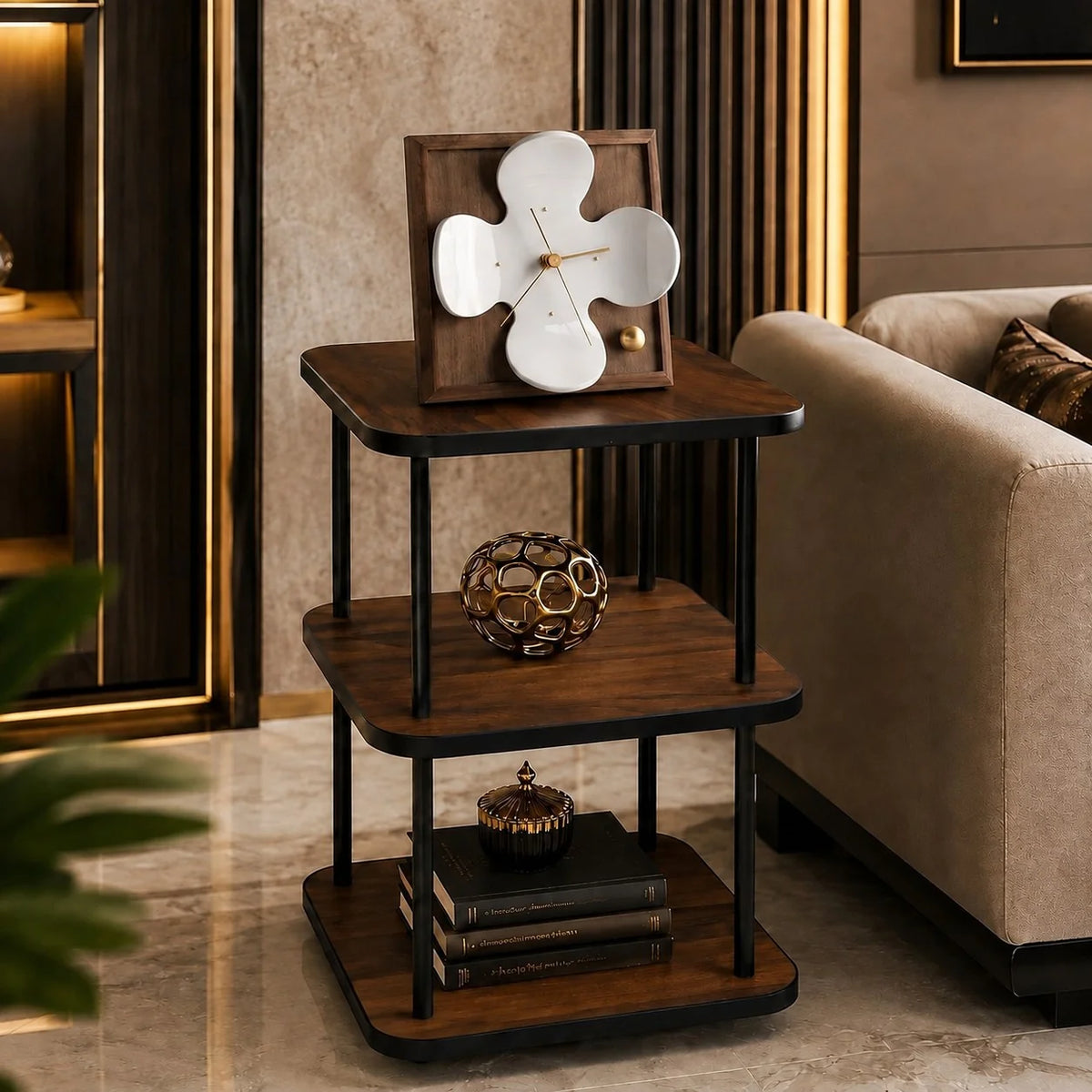 Table Clock Nordic Petal Black Walnut Silent Quartz