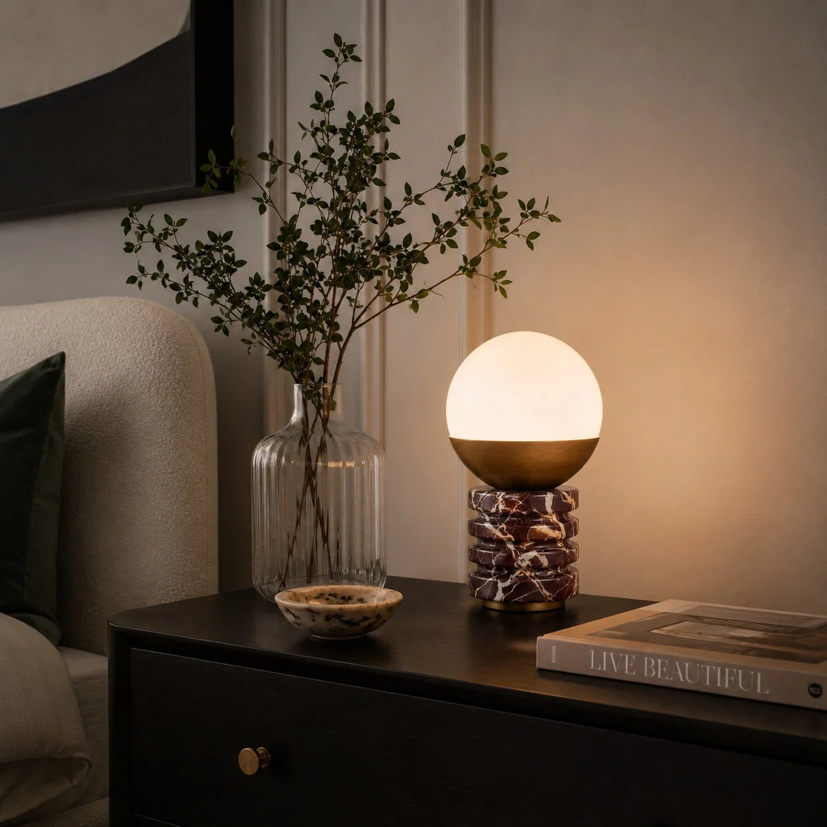 Table Lamp Marble Base White Glass Shade & Brass Frame
