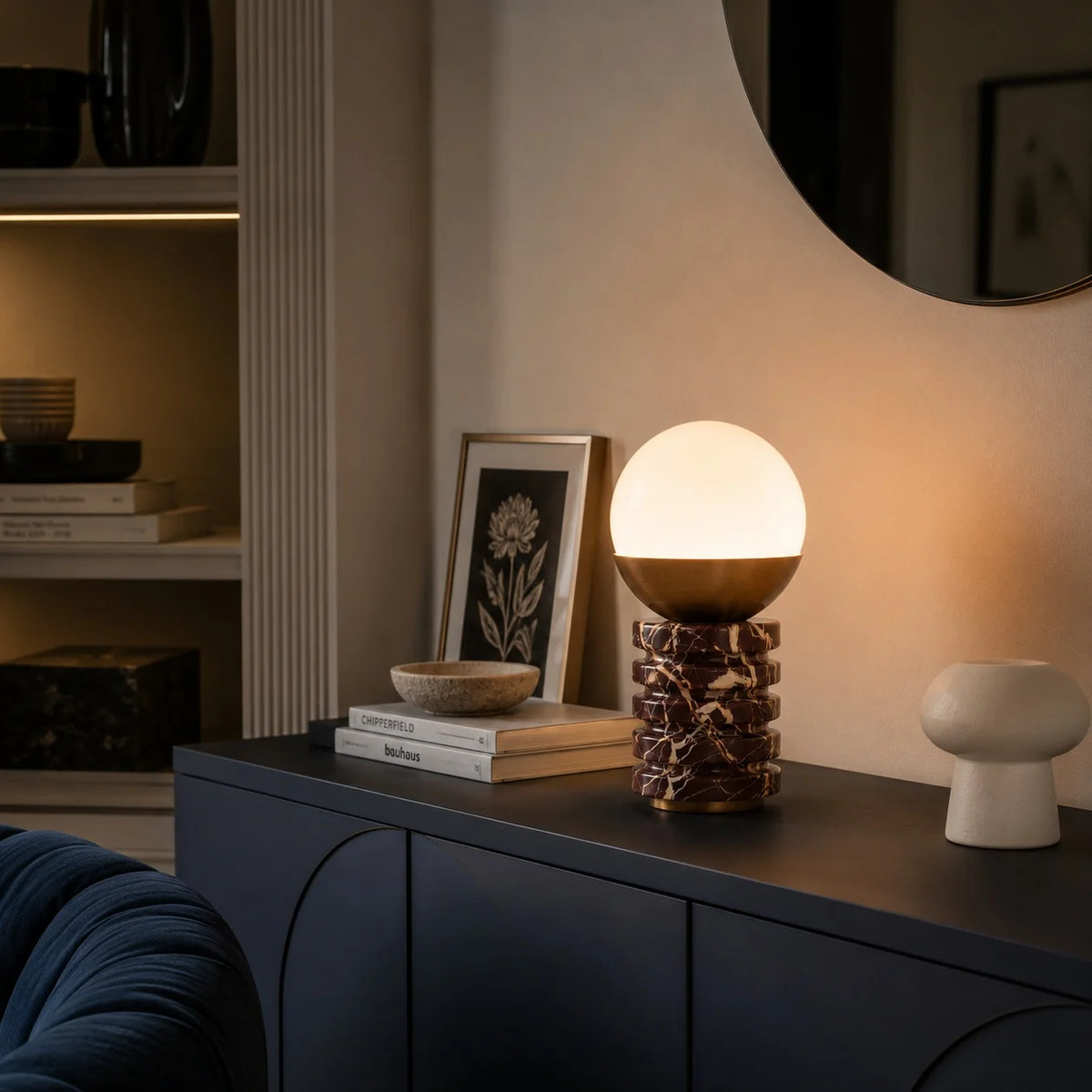 Table Lamp Marble Base White Glass Shade & Brass Frame