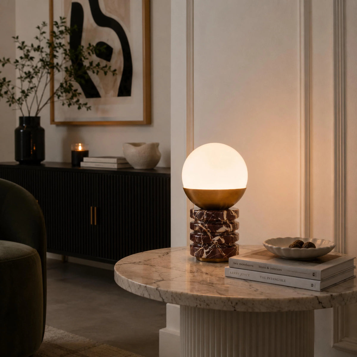 Table Lamp Marble Base White Glass Shade & Brass Frame