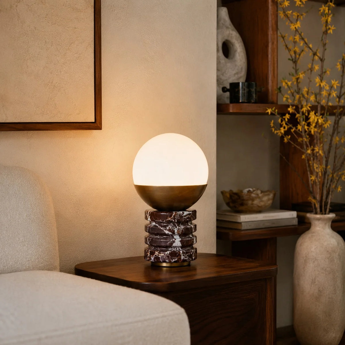 Table Lamp Marble Base White Glass Shade & Brass Frame