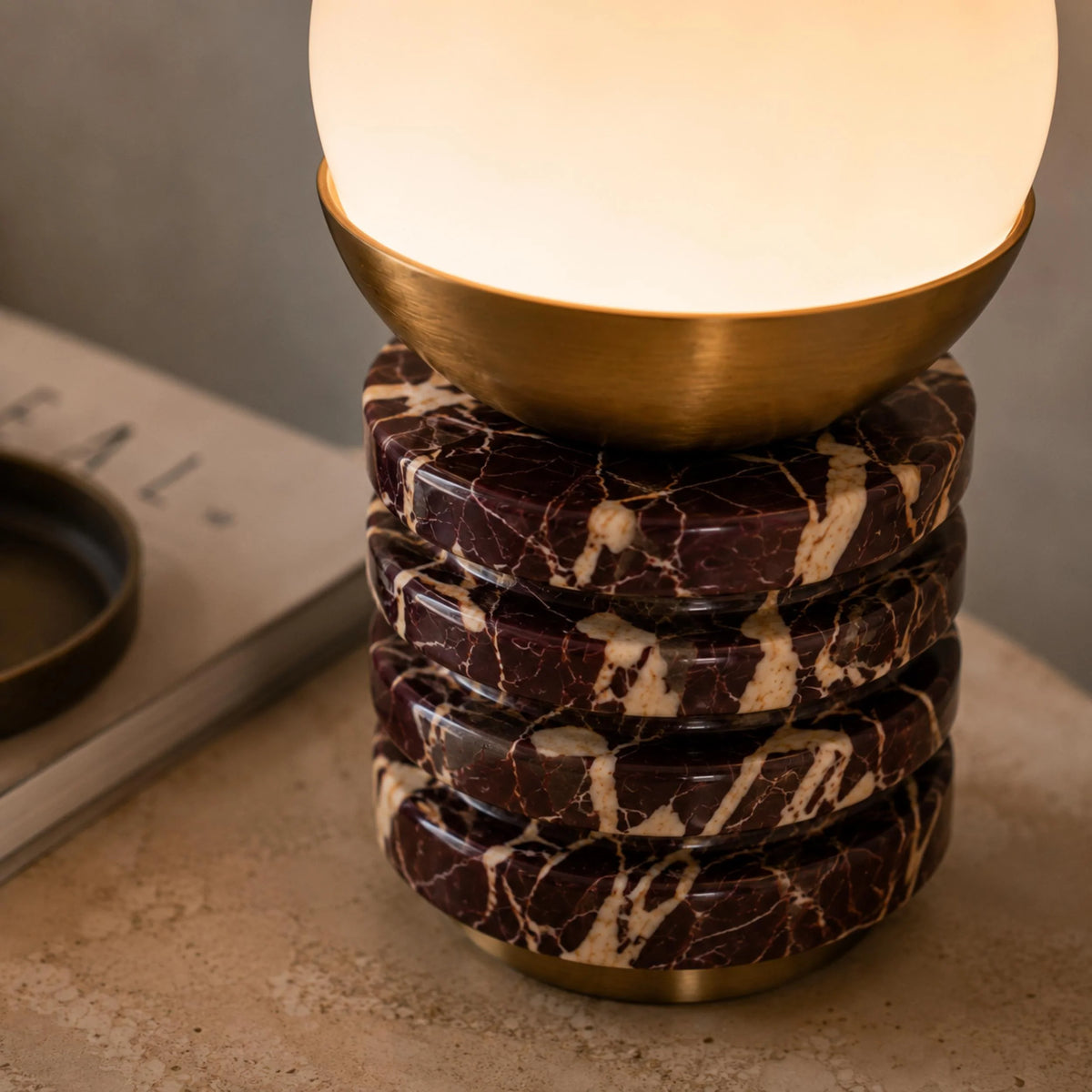 Table Lamp Marble Base White Glass Shade & Brass Frame
