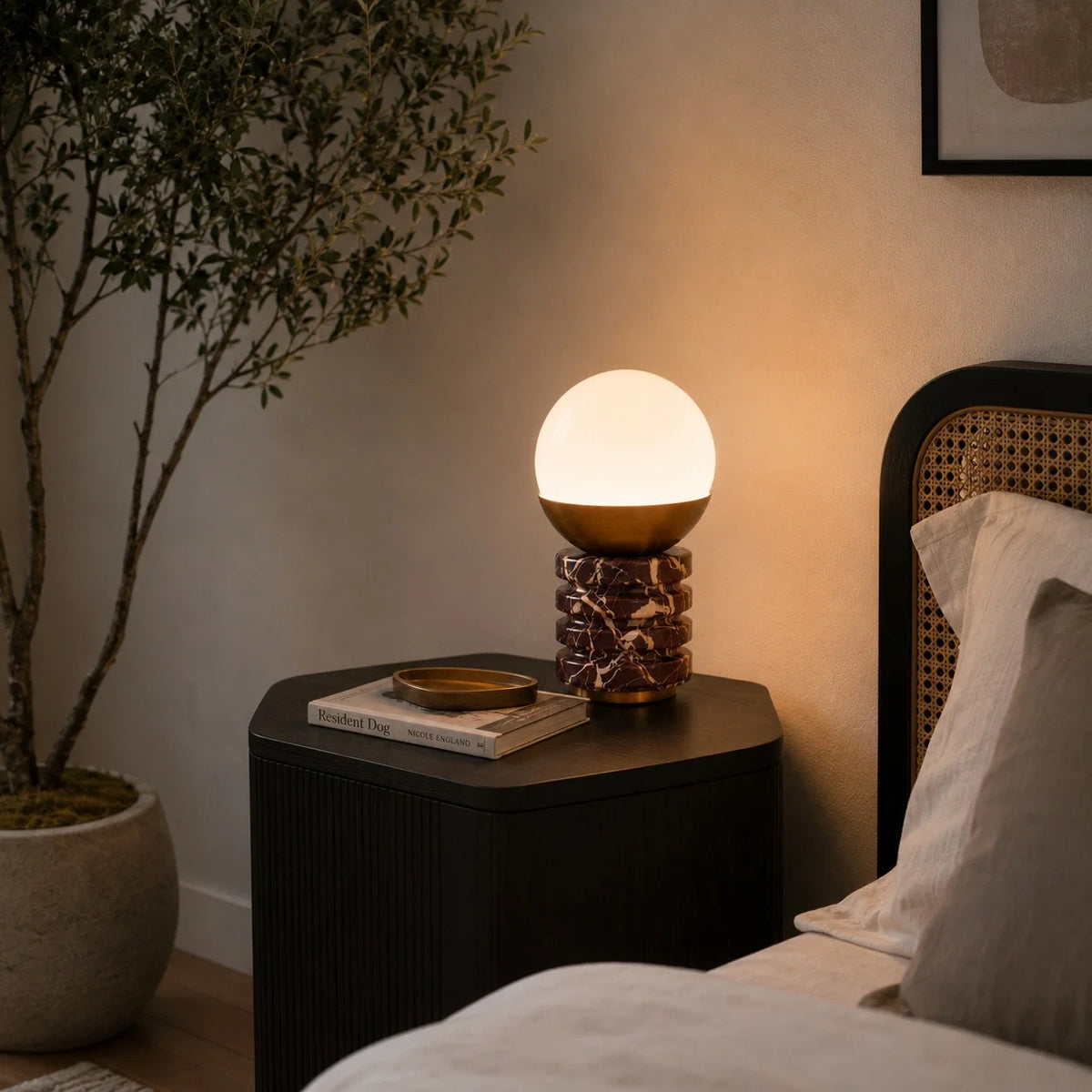 Table Lamp Marble Base White Glass Shade & Brass Frame