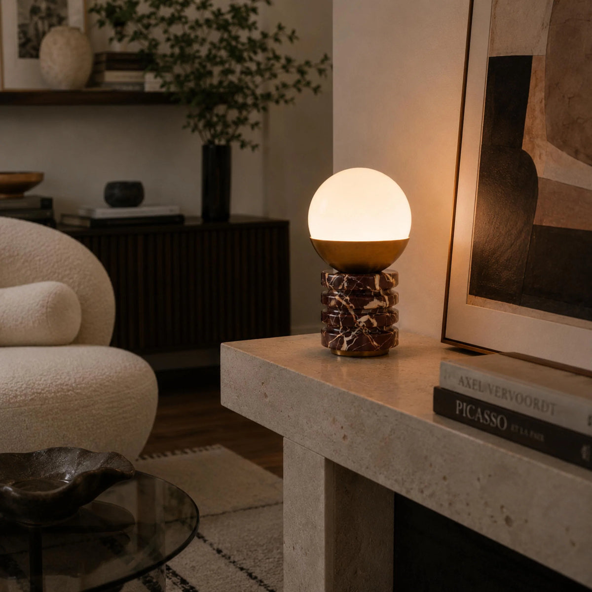 Table Lamp Marble Base White Glass Shade & Brass Frame