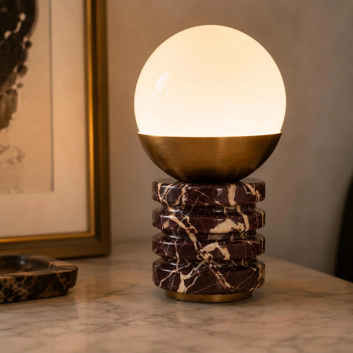 Table Lamp Marble Base White Glass Shade & Brass Frame