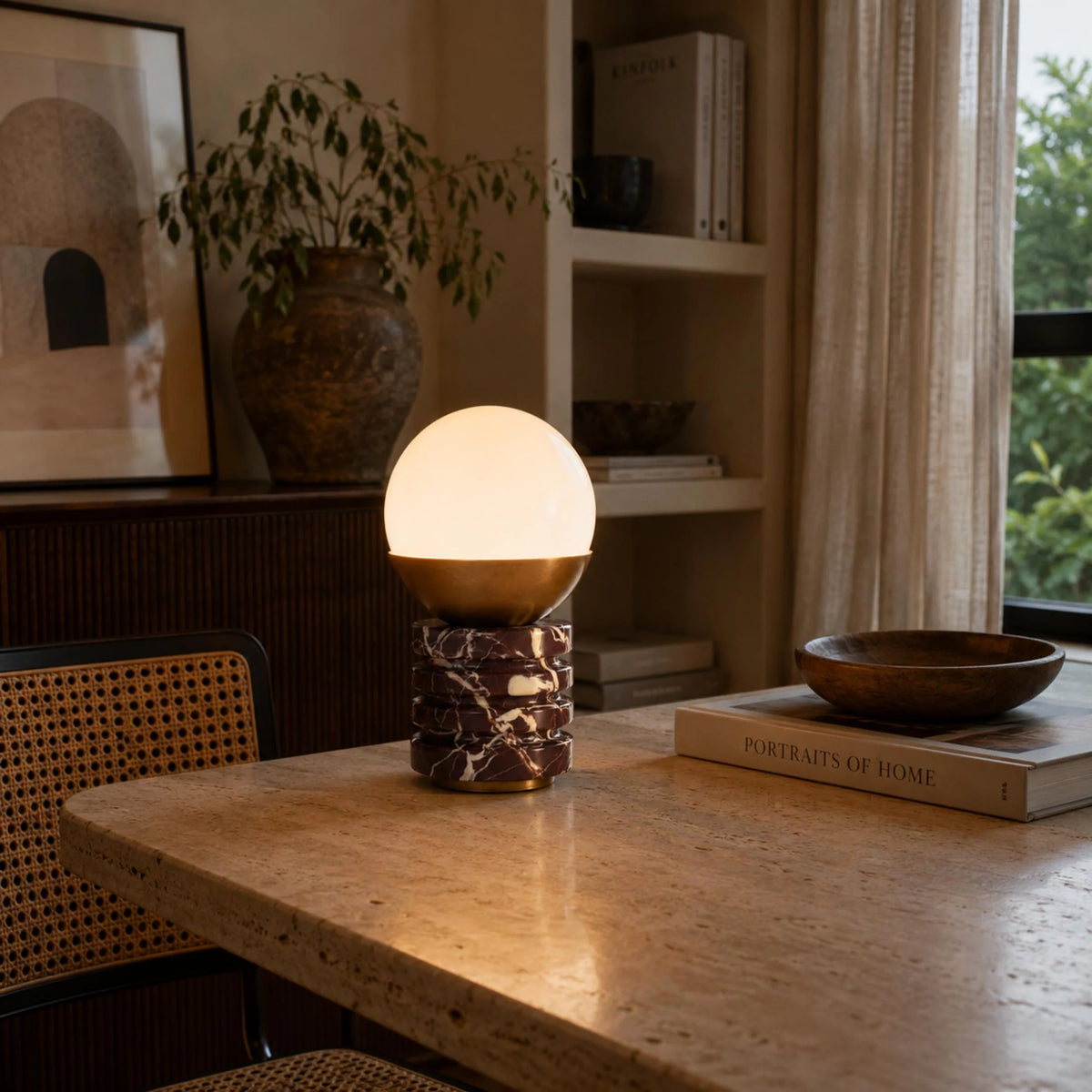 Table Lamp Marble Base White Glass Shade & Brass Frame