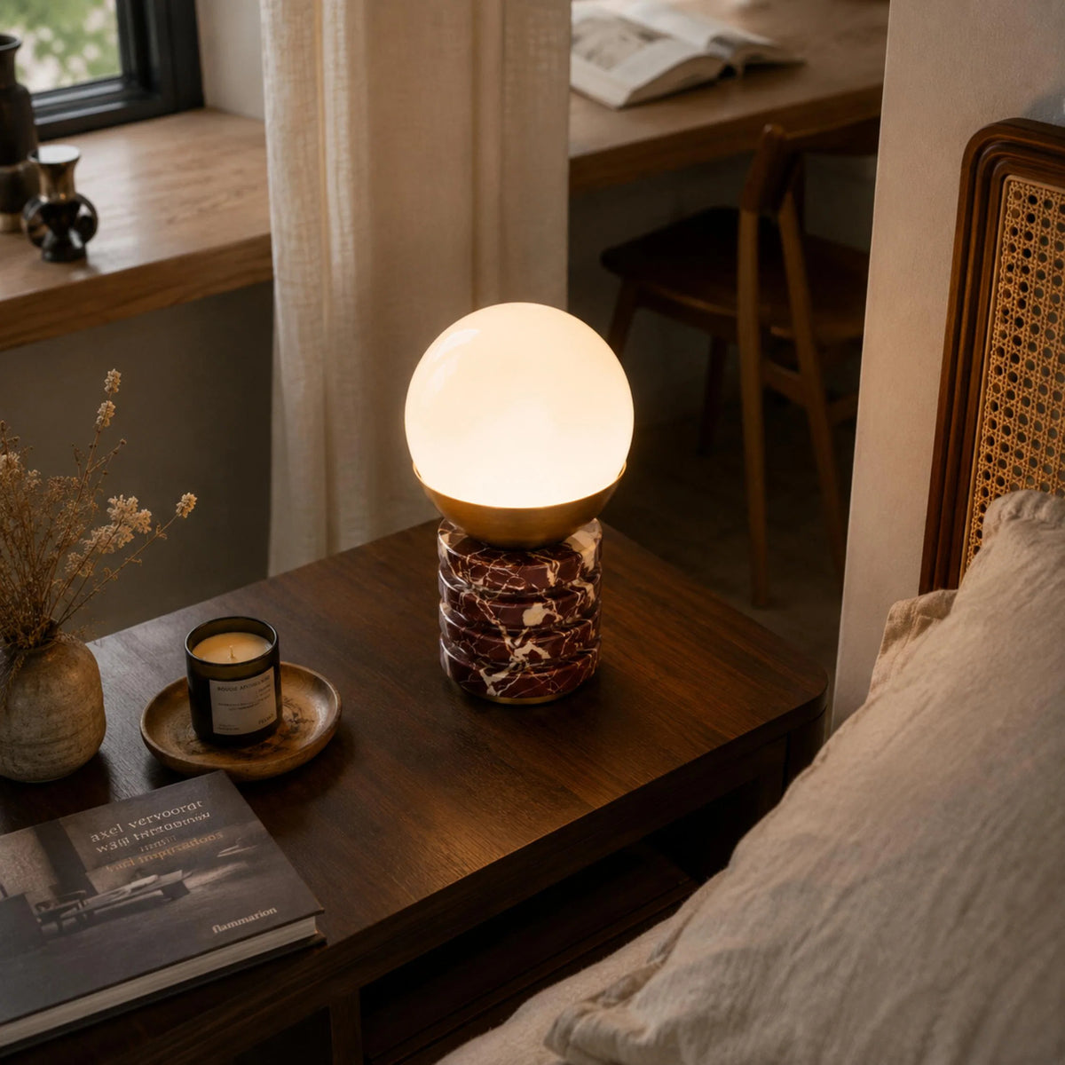 Table Lamp Marble Base White Glass Shade & Brass Frame