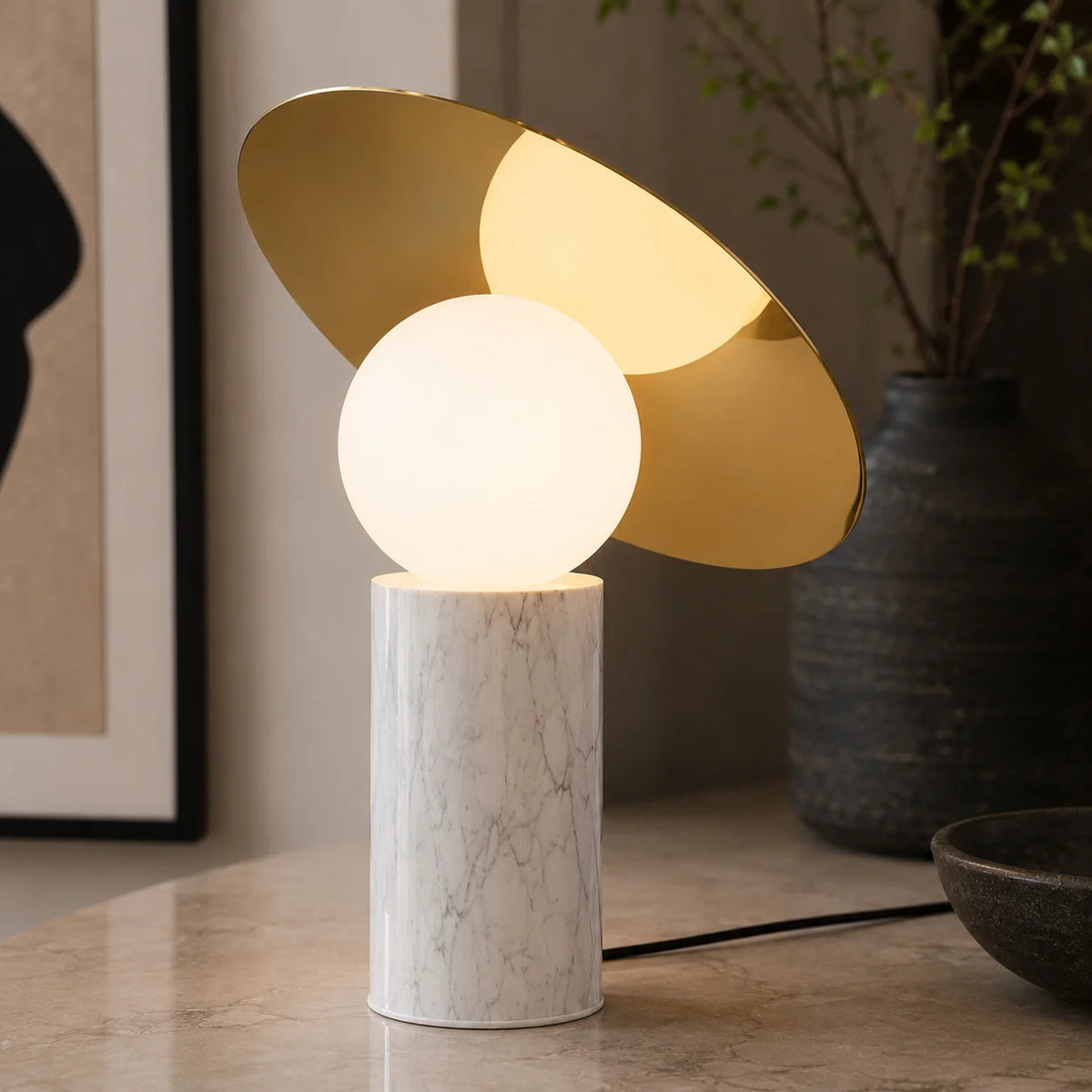 Table Lamp Rotating Shade Marble Base & Opaline Glass