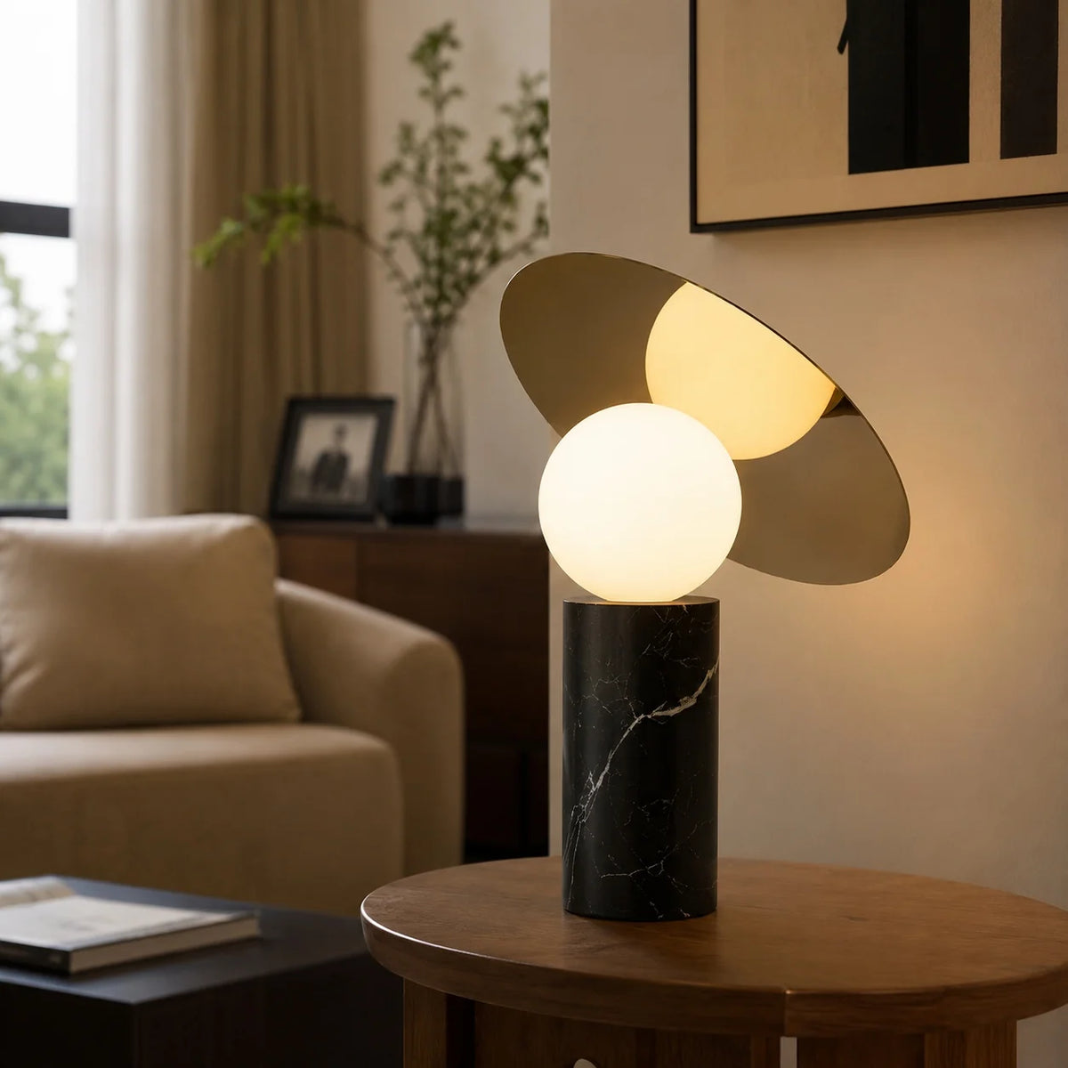 Table Lamp Rotating Shade Marble Base & Opaline Glass