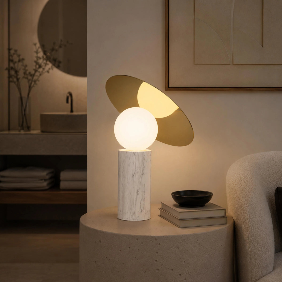 Table Lamp Rotating Shade Marble Base & Opaline Glass