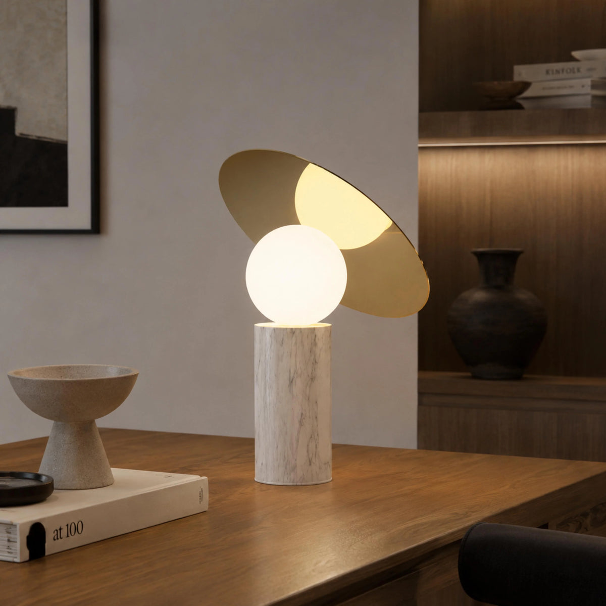 Table Lamp Rotating Shade Marble Base & Opaline Glass
