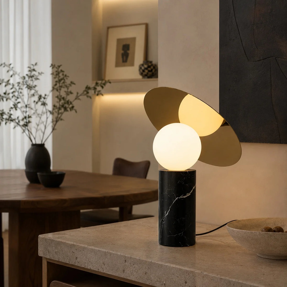 Table Lamp Rotating Shade Marble Base & Opaline Glass