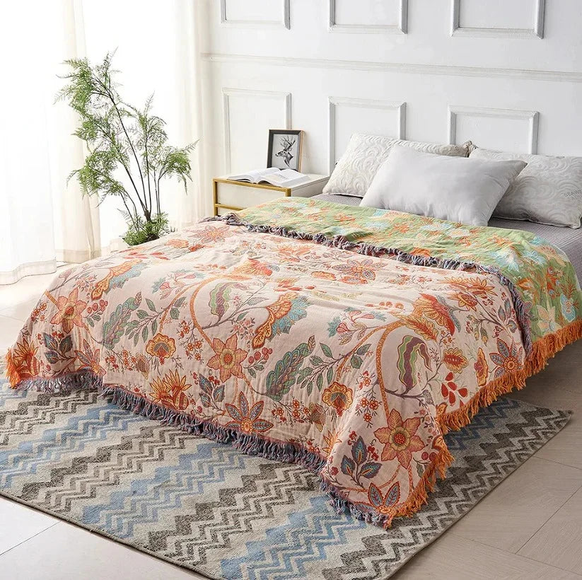 Throw Blanket Lightweight Woven Cotton Tasseled Fringe