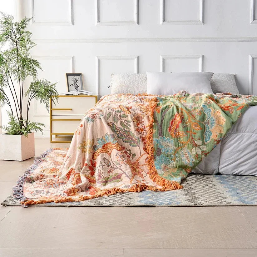 Throw Blanket Lightweight Woven Cotton Tasseled Fringe