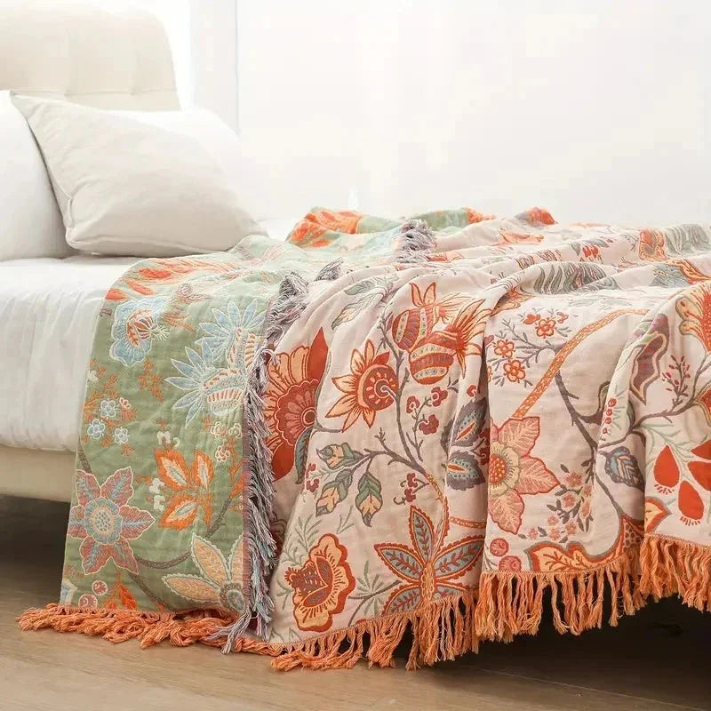 Throw Blanket Lightweight Woven Cotton Tasseled Fringe