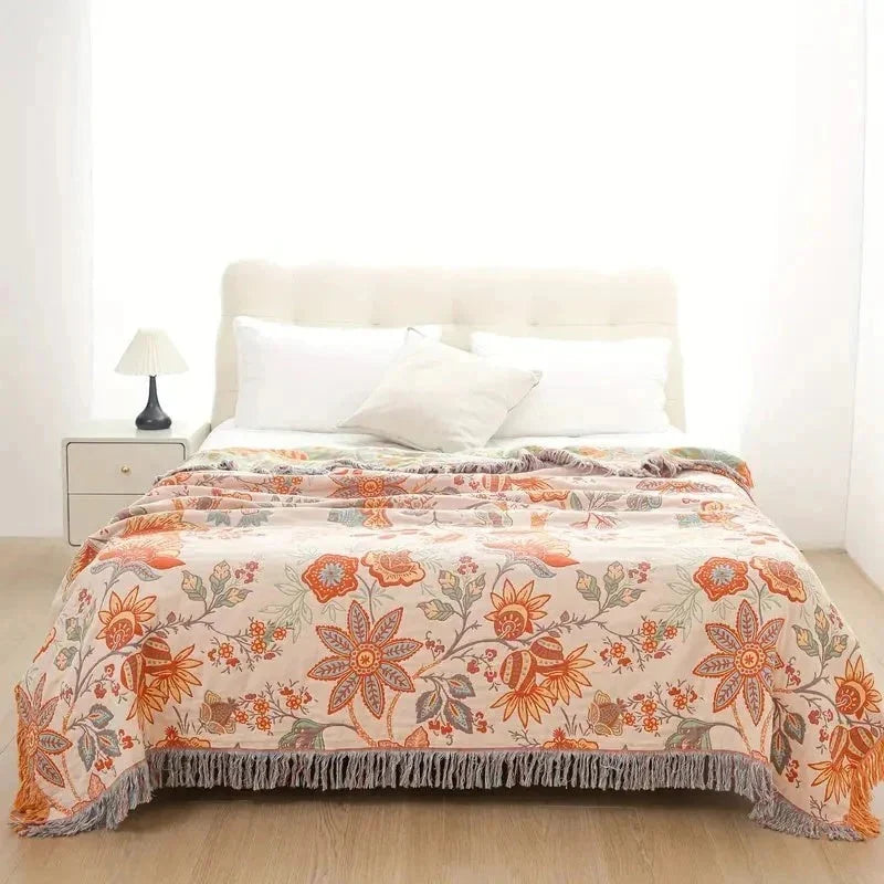 Throw Blanket Lightweight Woven Cotton Tasseled Fringe