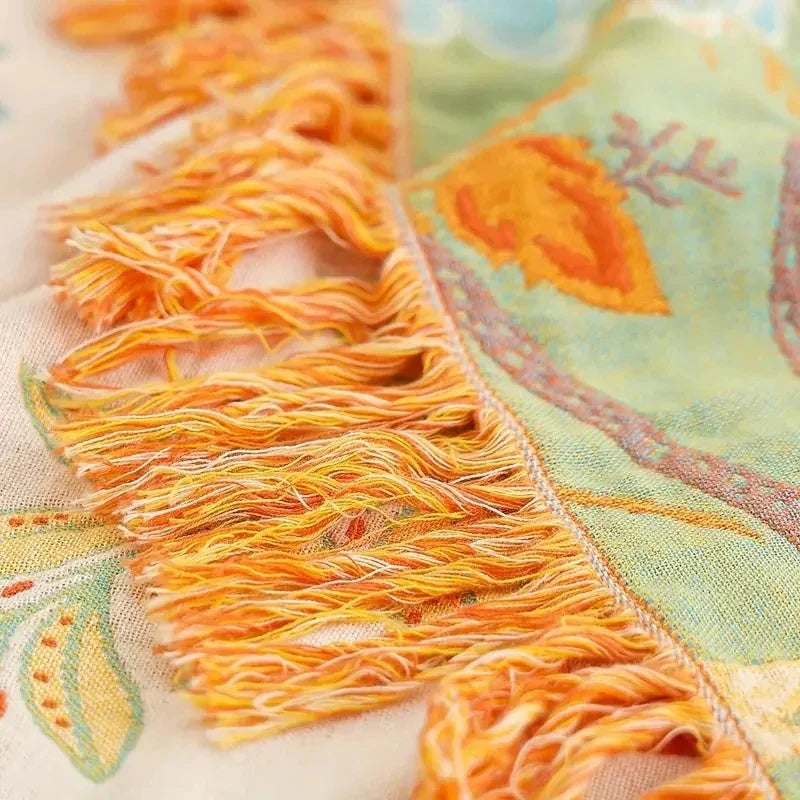 Throw Blanket Lightweight Woven Cotton Tasseled Fringe